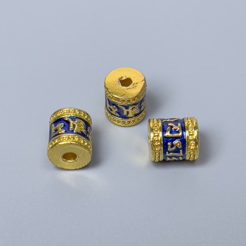 Mărgea Cloisonné cilindru albastru email, dimensiune 8×10 mm, gaura 1,8 mm, culoare metal aurie, 1 bucată