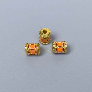 Mărgea Cloisonné cilindric portocaliu-roșu email, diametrul 5×6 mm, gaură de aproximativ 1,5 mm, culoare metal auriu, 1 bucată