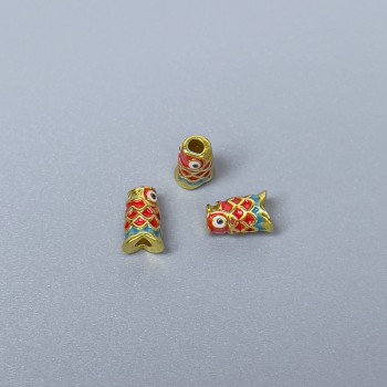Mărgea Cloisonné cilindrică, pește roșu-verde, email, diametrul 4×7 mm, gaură de 1,5 mm, culoare metal auriu, 1 bucată