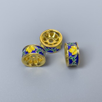 Mărgea Cloisonné rondel albastru-galben-verde emailat, diametrul 10×5 mm, gaură de 2 mm, culoare metal aurie, 1 bucată