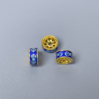 Mărgea Cloisonné rondel albastru-azuriu email, diametru 8×4 mm, gaură de 1,8 mm, culoare metalică aurie, 1 bucată