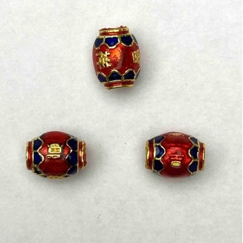 Mărge Cloisonné baril roșu-albastru, 8×10 mm, gaură de 1,8 mm, culoare metal auriu, 1 bucată