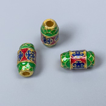 Mărgea Cloisonné în formă de baril, verde, albastru, roșu, email, diametrul 8×14 mm, gaură de 3 mm, culoare metalică aurie, 1 bucată
