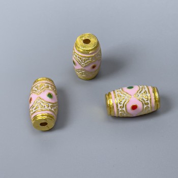Mărgea Cloisonné baril roz-verde-roșu email, diametrul 8x14 mm, gaură de aproximativ 2 mm, culoare metal auriu, 1 bucată