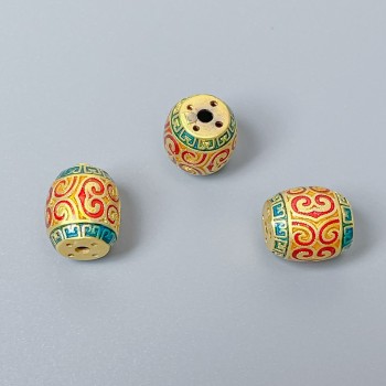 Mărgea Cloisonné – formă barilă, email roșu și verde, diametru 10x9 mm, gaură de diametru 1,8 mm, culoare metalică aurie, 1 bucată