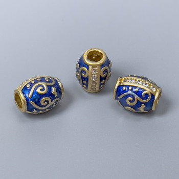 Mărgea Cloisonné în formă de butoi, email albastru, cristale albe, diametru 10×8 mm, gaură 3 mm, culoare metalică aurie, 1 bucată
