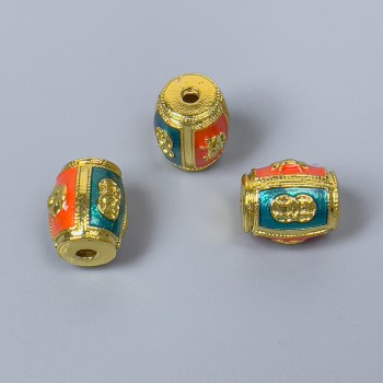 Mărgea Cloisonné baril, email portocaliu-turcoaz, diametrul de 9x11 mm, gaură de 1,8 mm, culoare metalică aurie, 1 bucată