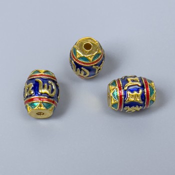 Mărgea Cloisonné baril, email, diametru 8×10 mm, gaură 1,5 mm, culoare metalică aurie, 1 bucată