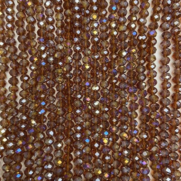 Mărgele din cristal ceh pe șnur, maro translucid cu luciu de benzină, rondel facetat, diametrul 6×5 mm, lungime 40–41 cm