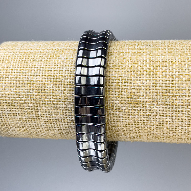 Brățară din hematit, zale, culoare gri închis, diametru 15x4 mm, lungime 18 cm, cu bandă elastică