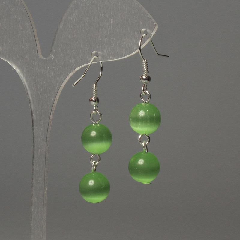 Cercei din piatră ochi de pisică, biluțe de 10 mm ±, culoare verde, lungime 42 mm+