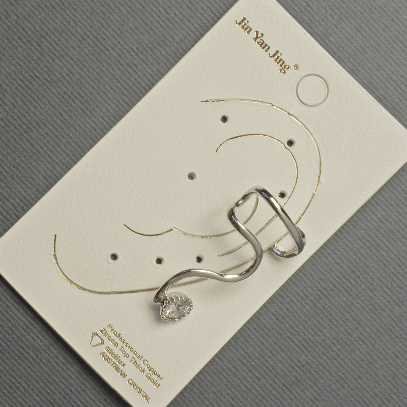 Cercel Caf pentru ureche din metal argintiu, 16x28 mm, +/- cristal alb