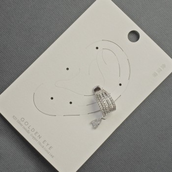 Cercei caf la ureche, metal argintiu, 10x14 mm, cu strasuri albe