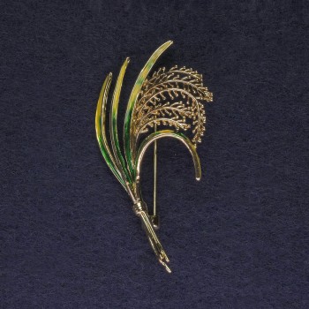 Брошка Гілочка зелена та жовта емаль золотистий метал, діаметр 52х27мм +