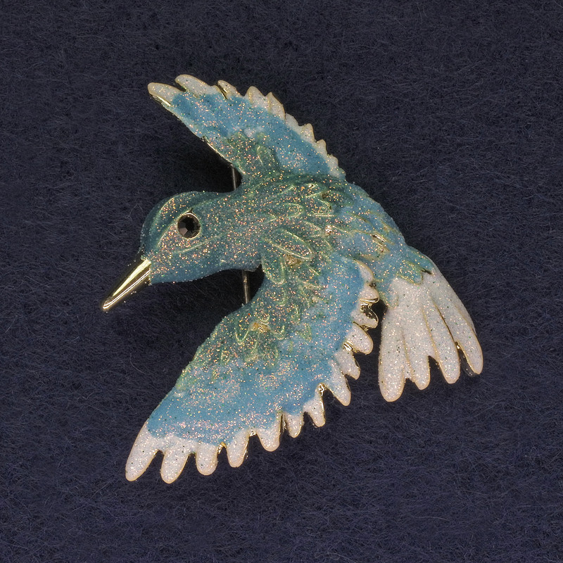 Broșă Pasăre, culoare albastră cu strălucire, 40x42 mm, metal auriu