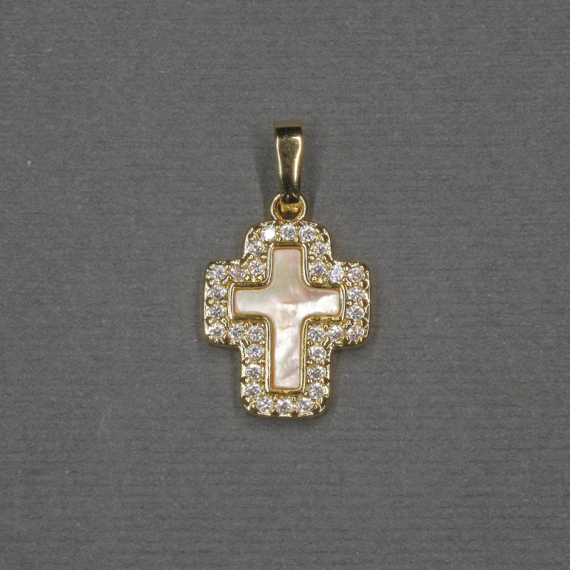 Pandantiv în formă de cruce, inserție de sidef, 13x15x18x2,5 mm, metal auriu