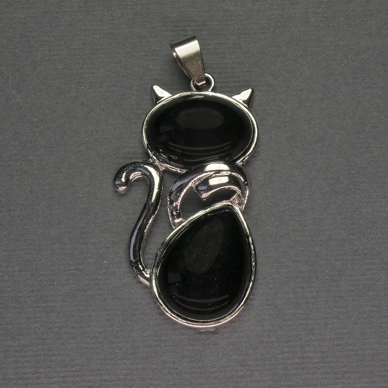 Pandantiv „Pisică” din agat 25×51 mm ± metal argintiu