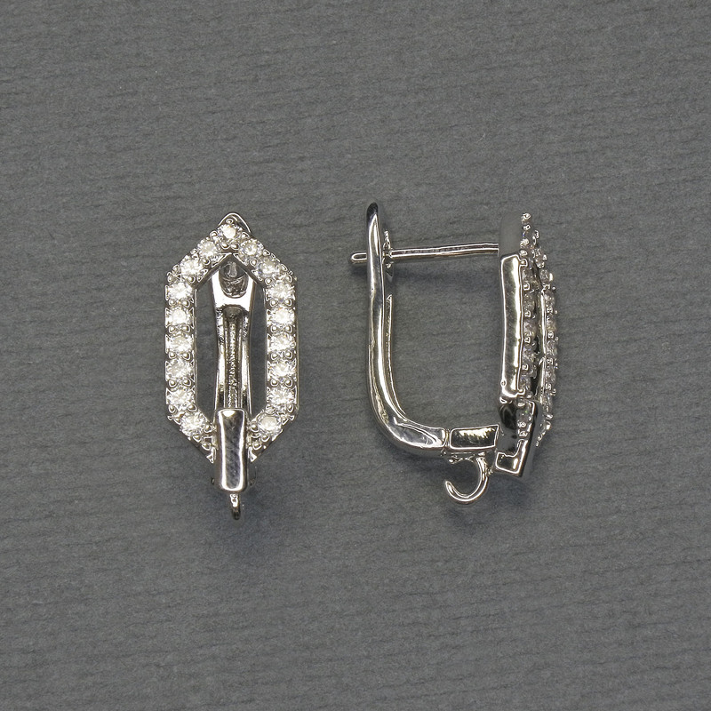 Știfturi pentru cercei cu strasuri albe, metal argintiu, 17x8 mm - pereche