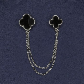 Broșă pentru cardigane, email negru, diametru 22 mm +/-, diametru 18 mm +/-, lanț argintiu, lungime 12 cm +/-