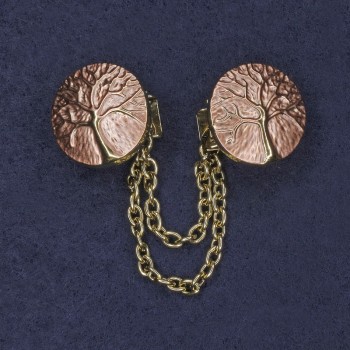 Broșă pentru cardiganuri, email roz, metal auriu, diametru aproximativ 20 mm, lanț, lungime 9 cm+