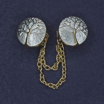 Broșă pentru cardigane, email albastru deschis, metal auriu, diametru de aproximativ 20 mm, lanț de aproximativ 9 cm