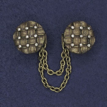 Broșă pentru cardiganuri, culoare bronz, cu strasuri albe, metal, diametrul 20 mm ±, lanț lungime 9 cm ±