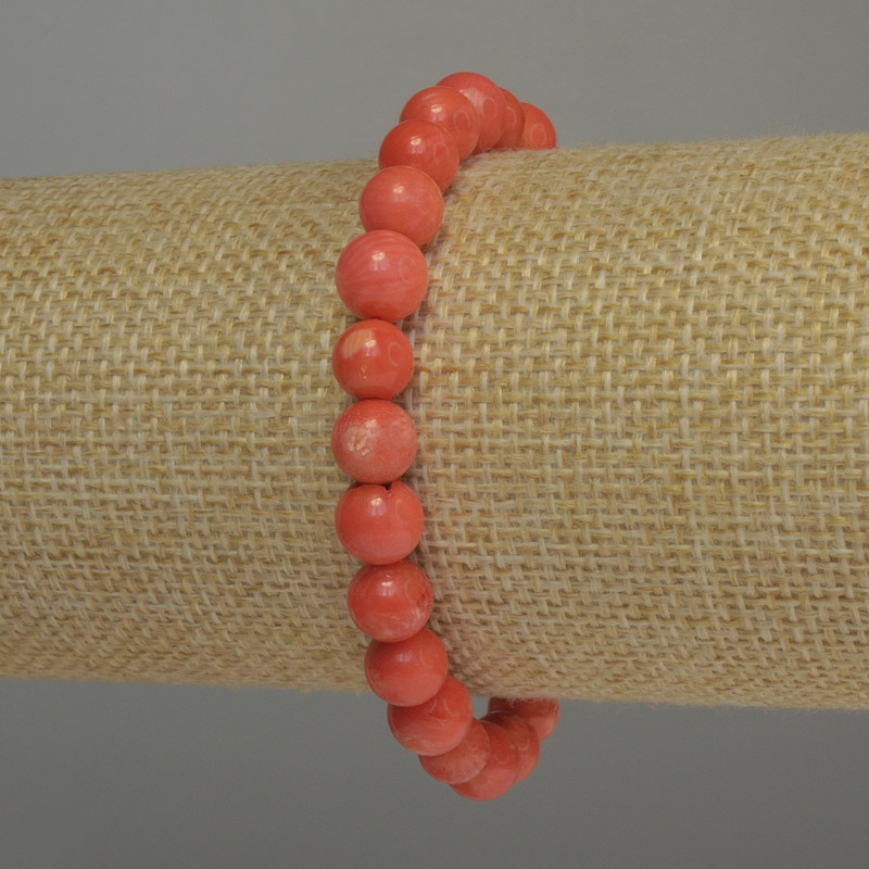 Brățară din coral portocaliu cu bile netede, diametrul 8 mm, lungime 18 cm, elastică