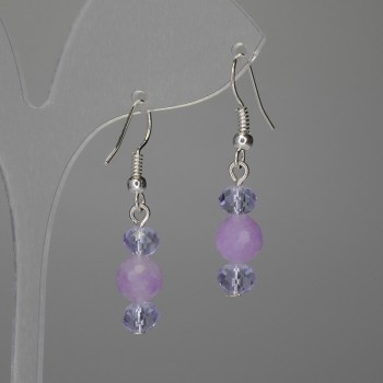 Cercei din kunzit, bilă facetată de 8 mm ±, rondel din cristal ceh 6x5 mm ±, lungime 37 mm ±