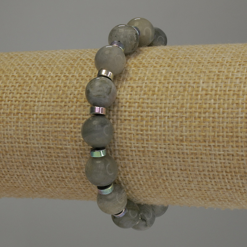 Brățară cu labradorit, bile netede de 10 mm ±, rondele de hematit 5x2 mm ±, lungime 18 cm, elastică
