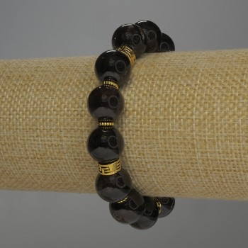 Brățară cu granat, mărgele netede, diametru aproximativ 12 mm, cu inserții metalice, lungime 18 cm, elastic