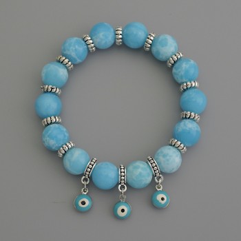 Brățară din larimar, mărgele netede, diametru aproximativ 10 mm, cu inserții metalice, lungime 18 cm, pe bază elastică
