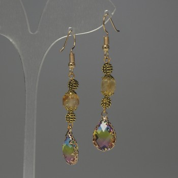 Cercei din citrin cub facetat, diametrul 7 mm +/- cristal în montură 14x10 mm +/-, lungime 58 mm +/-