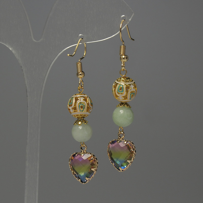Cercei din jad – biluțe, diametrul 7×5 mm ±, email cloisonné 10 mm ±, cristal în montură 12 mm ±, lungime 57 mm ±