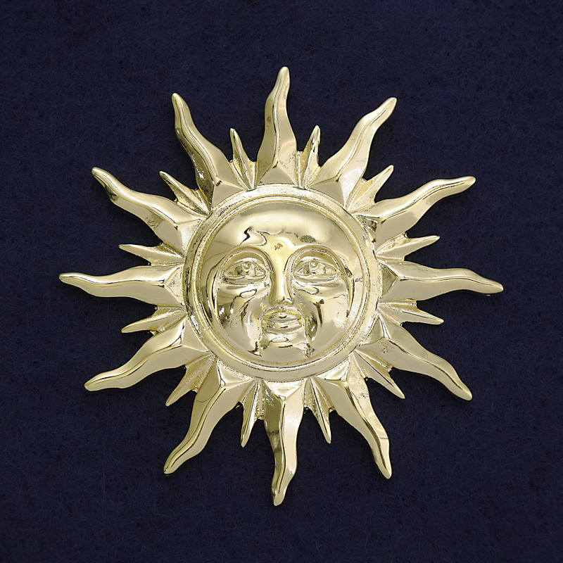 Broșă Soare, metal auriu, 68 mm ±, pe magnet