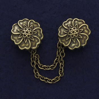 Broșă pentru cardiganuri, culoare bronz, diametrul 21 mm +/-, lanț, lungime 9 cm +/-