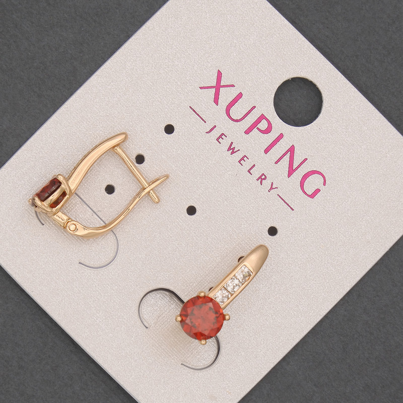 Cercei Xuping cu strasuri albe și pietre roșii, diametrul aproximativ 6 mm, lungimea 16 mm, placare cu aur 18K