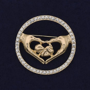 Broșă inimă, strasuri albe, metal auriu, 38 mm+
