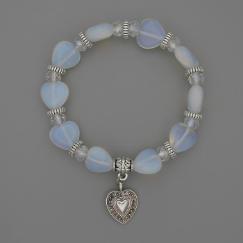 Brățară cu piatră lunară în formă de inimă, diametrul aproximativ 12x12 mm, cu inserții metalice, lungime 18 cm, elastică