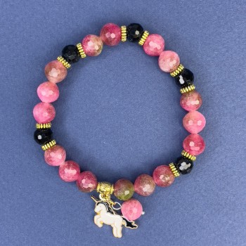 Brățară cu mărgele de turmalin, diametrul 8 mm +/-; mărgele de cristal ceh, diametrul 7 mm +/-; lungime 18 cm +/- elastică