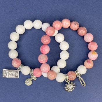 Set brățări din agată albă (mărgele presate), diametrul 10 mm ±, rodochrozit mărgele, diametrul 10 mm ±, lungime 18 cm ±, șnur elastic