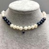 Чокер чорні та білі Річкові перли овальні 8х6-7мм+-з підвіскою, довжина 38мм+-з замочком подовжуючий ланцюжок