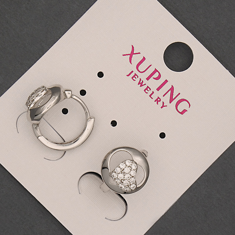 Cercei Xuping cu strasuri albe, diametru 10x13 mm +/- rodiu