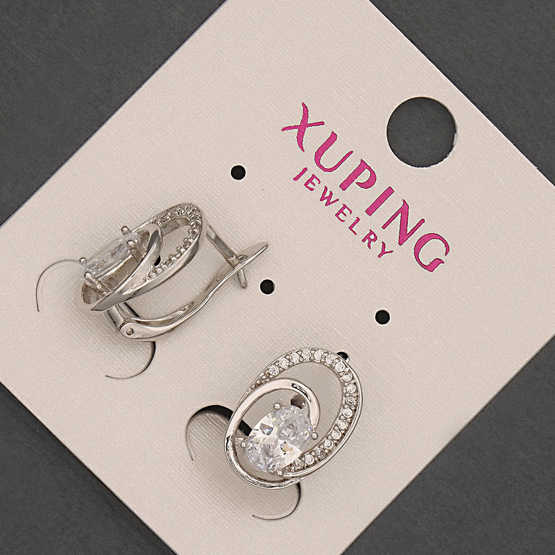 Cercei Xuping cu strasuri albe și cristal, diametrul 11x15 mm, placare cu rodiu