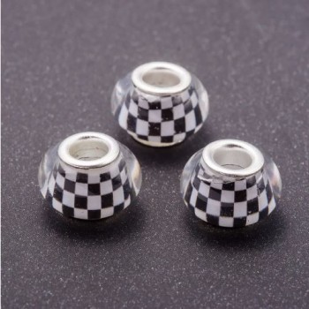 Mărgea Pandora albă șahmată, din plastic, diametrul 13 mm, diametrul găurii 5 mm, set 11 buc.