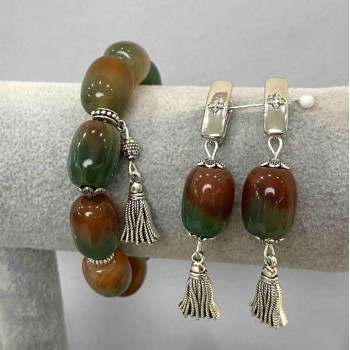 Set brățară și cercei din agat brazilian, piatră șlefuită netedă 18×13 mm ±, lungime 64 mm ±, cu inserții metalice, lungime 18 cm ±, elastice