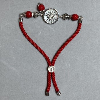 Brățară textilă, reglabilă, cu bilă din coral tăiată de 8 mm, cu inserție metalică, metal argintiu, diametru aproximativ 17 mm