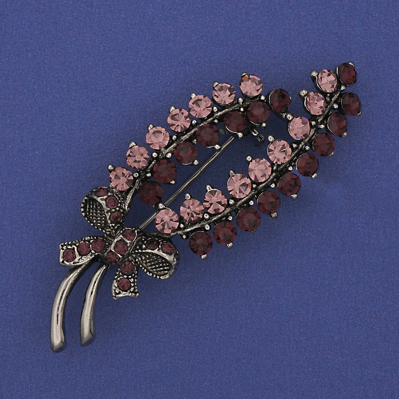 Broșă ramură cu cristale violete, metal argintiu, 64x25 mm +