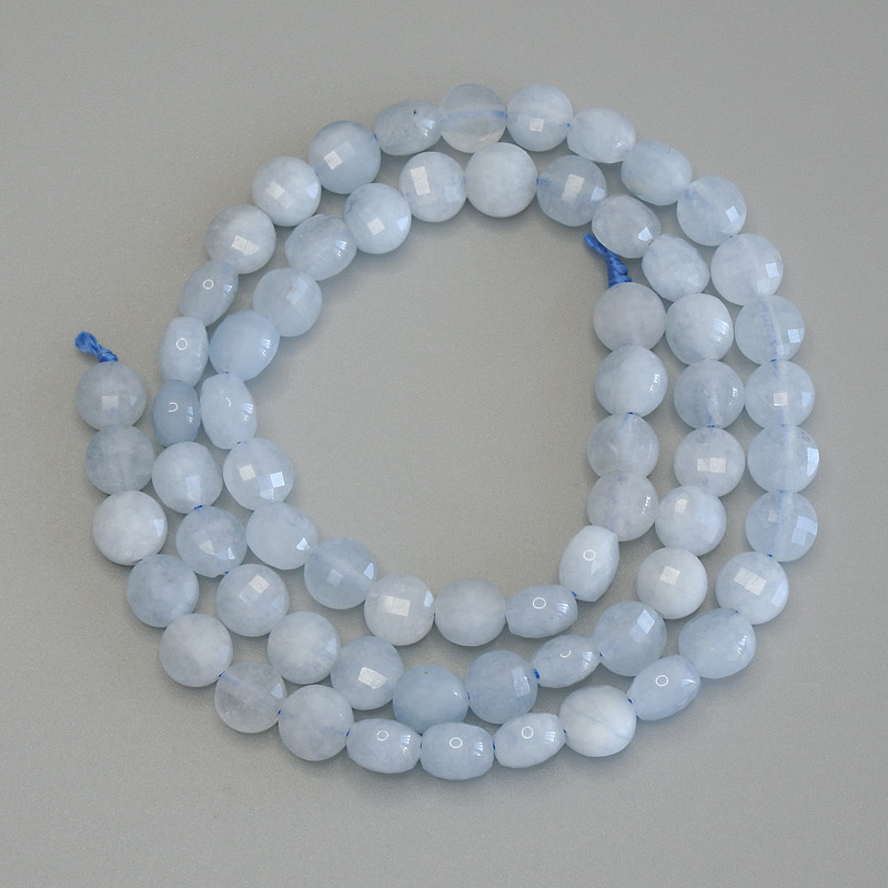 Mărgele din acvamarin, formă de monedă, fațetate, diametrul de 6 mm, lungime 39 cm +/- pe fir
