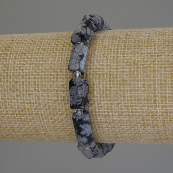 Brățară din obsidian de zăpadă «Lacrimi de Apache» – tăietură prelucrată, diametrul 12×7 mm ±, mărgele 3 mm ±, lungime 18 cm ±, șnur elastic