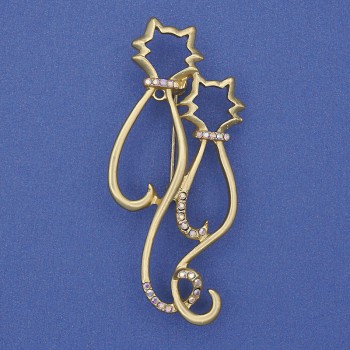 Broșă pisici curcubeu, strasuri curcubeu, metal auriu, 58×26 mm+